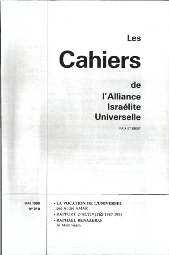 Les Cahiers de l'Alliance Israélite Universelle (Paix et Droit).  N°218 (01 mai 1989)